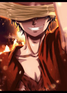 luffy from one piece wearing a straw hat and smiling .