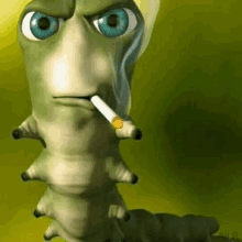 a cartoon caterpillar is smoking a cigarette and making a funny face .