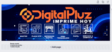 a digital plus advertisement with a blue background and orange letters