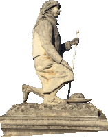 a stone statue of a man kneeling down with a cane