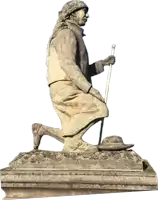 a stone statue of a man kneeling down with a cane