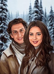 a painting of a man and a woman in front of snowy trees