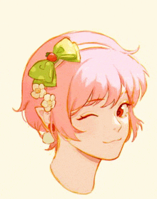 a drawing of a girl with pink hair wearing a headband with flowers and a bow