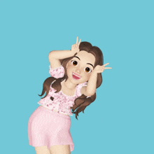 a cartoon girl wearing pink shorts and a pink top making a peace sign