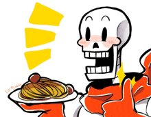 a cartoon drawing of a skeleton holding a plate of food and giving a thumbs up