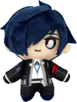 a stuffed toy of a boy with blue hair and a red jacket