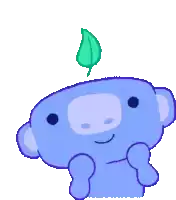 a blue teddy bear with a green leaf on top of its head