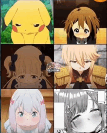 a collage of anime characters , including a pikachu , a girl , a boy , and a girl .