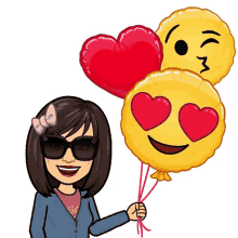 a cartoon woman is holding three balloons with hearts on them