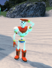 a skeleton wearing orange boots and a red cape