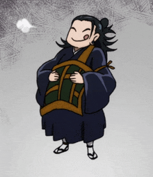 a cartoon drawing of a man in a robe holding a bag