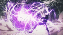 a person is standing in front of a large purple lightning bolt