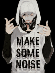 a boy wearing headphones and a hoodie that says `` make some noise '' is making a peace sign .