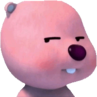 a pink cartoon bear with a purple nose is making a face