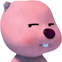 a pink cartoon bear with a purple nose is making a face