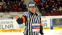 a hockey referee wearing a black and white striped jersey with the slovak team on it