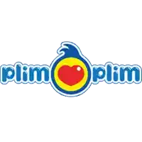 a blue and yellow logo for plim plim with a red heart in the middle