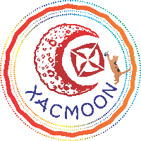 a logo for xacmoon with a crescent moon and a cat on it