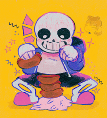 a drawing of a skeleton holding a stack of doughnuts