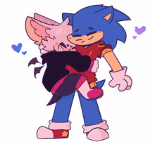 a drawing of sonic and rouge hugging with hearts in the background