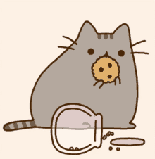 a cartoon cat is eating a cookie next to a glass of milk