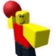 a roblox character is holding a yellow box and a red ball .