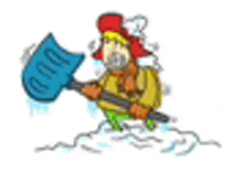 a cartoon of a man holding a snow shovel .