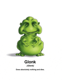 a cartoon of a green frog with the word glonk on it