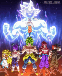 a group of dragon ball characters standing next to each other with the name darknes_artist at the bottom