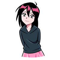 a girl with black hair and pink highlights is wearing a black hoodie and pink skirt