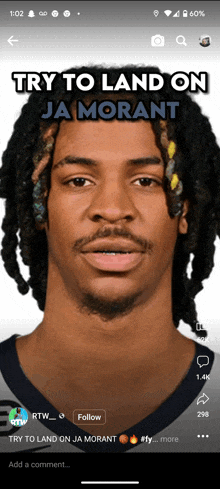 a phone screen shows a picture of a man with dreadlocks and the words try to land on ja morant