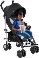 a man in a blue shirt is sitting in a chicco stroller holding a doll