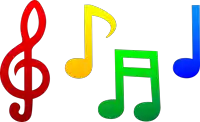 a red treble clef is surrounded by rainbow colored musical notes