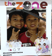 two young boys are posing for a picture in a frame that says the zone