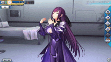 a girl with long purple hair is standing in a room with a bed