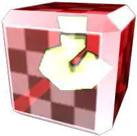 a red and white cube with a yellow hand inside of it