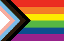 a rainbow flag with a brown arrow pointing to the right