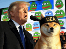 a dog wearing a dea hat stands next to a man in a suit