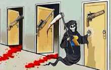 a grim reaper is holding a scythe in front of a bloody doorway