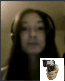 a blurry picture of a woman with headphones and a picture of a hand holding a gun