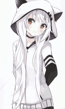 a girl with long white hair is wearing a cat hoodie with ears .