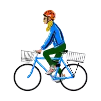 a woman wearing a helmet and sunglasses is riding a blue bicycle with a basket on the back .