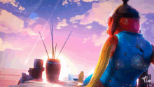 a cartoon character sits on a dock with fishing rods in front of a pink sky