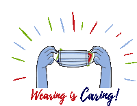 an illustration of a person wearing a mask with the words " wearing is caring " below it