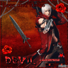 a picture of dante from devil may cry holding a sword and gun