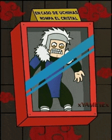 a cartoon of a man in a red box with a sign that says en caso de uchihas rompa el cristal