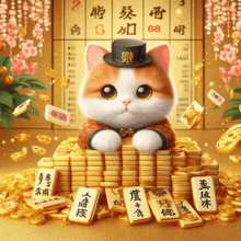 a cat in a top hat sits on a pile of gold