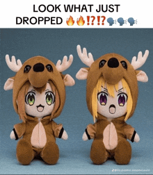 two stuffed reindeer dolls are sitting next to each other with a caption that says look what just dropped