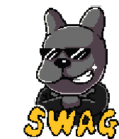 a pixel art drawing of a dog wearing sunglasses with the word swag below it