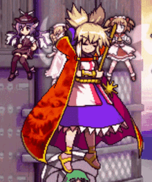 a pixel art of a girl holding a sword and a cape